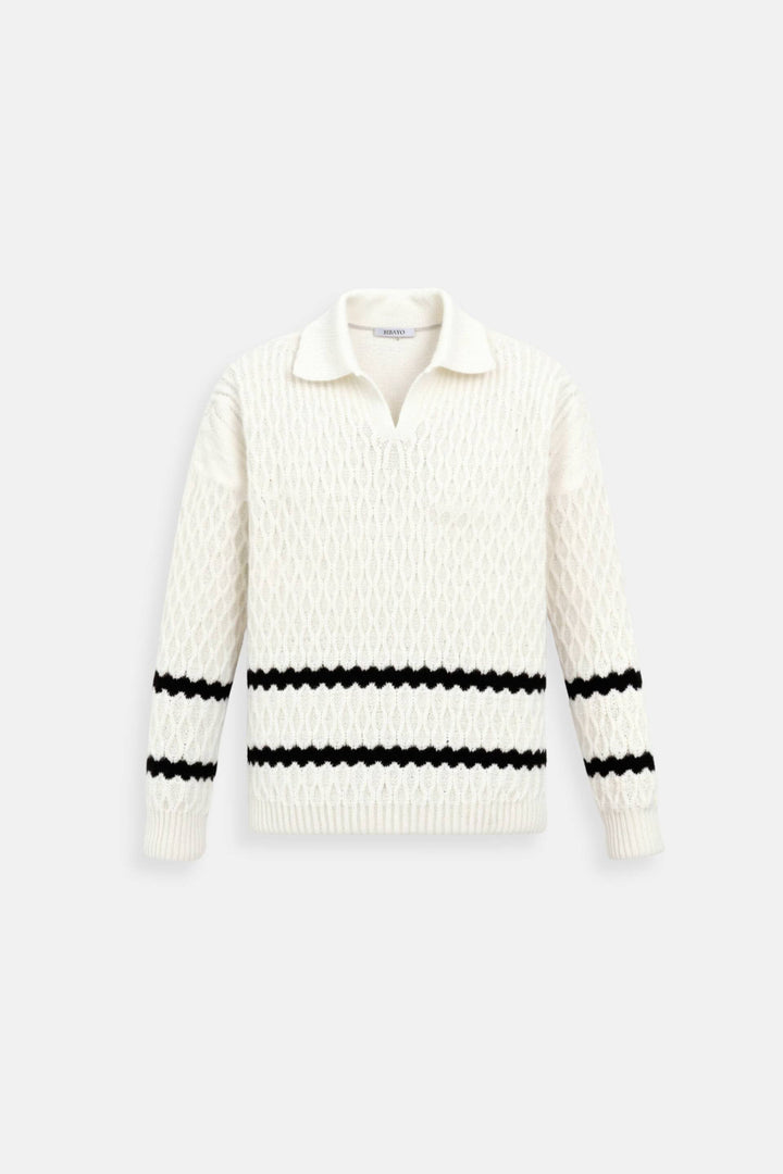 Elegant Cable Knit Striped Diamond Textured Collared Sweater